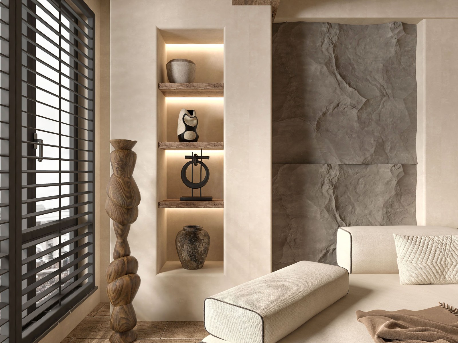 Curated interior detail: sculptural vases and warm textures in a sunlit room